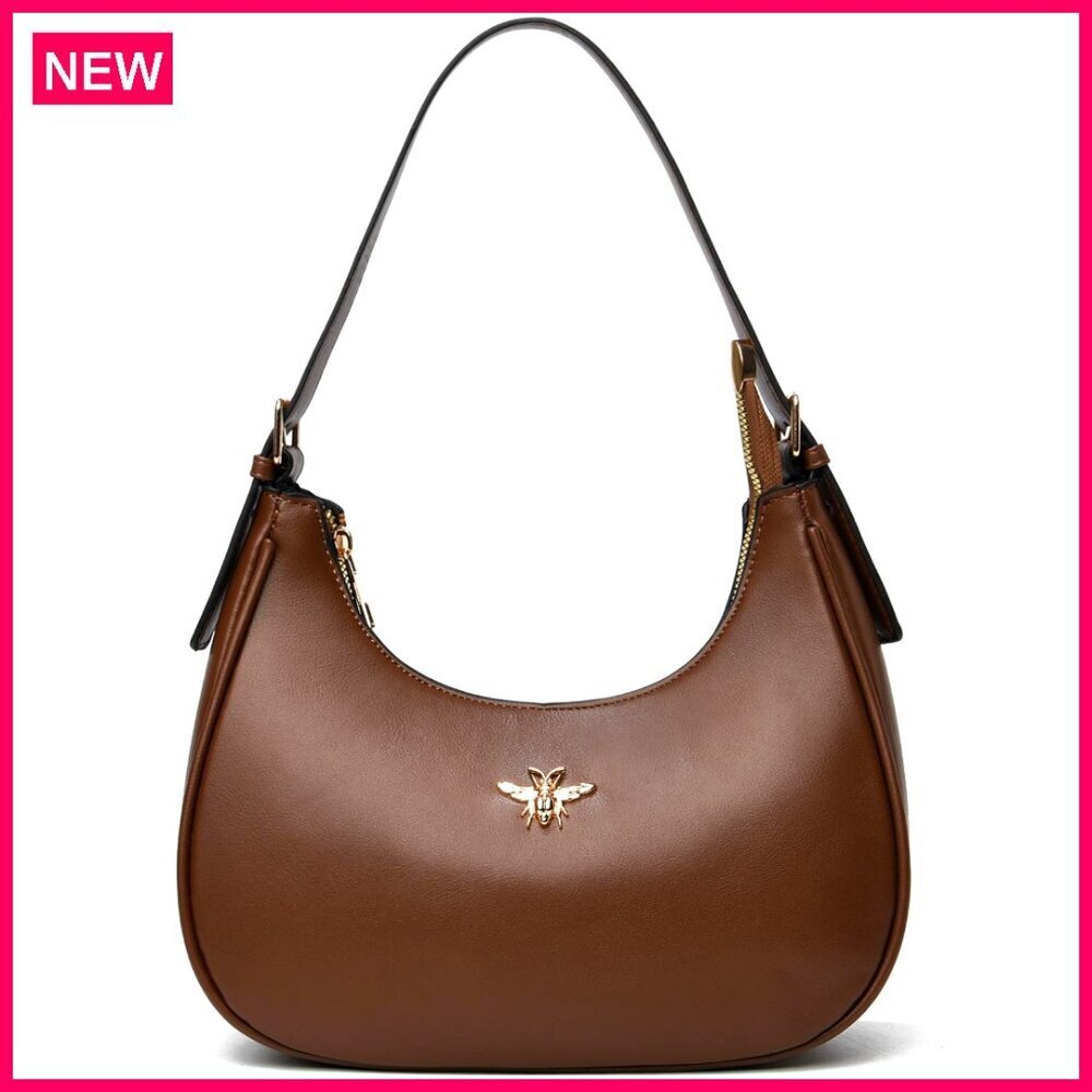 Small Vegan Leather Crescent Shoulder Bag with Detachable Straps
